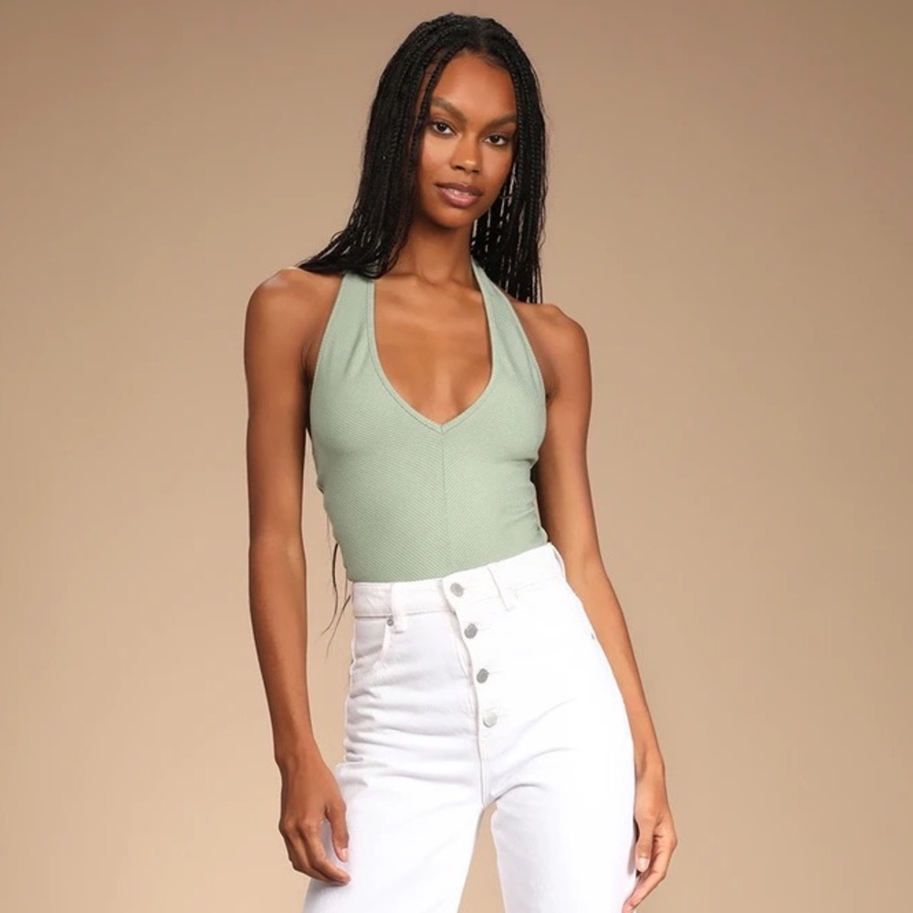 NEW Sage Green Ribbed Sleeveless Halter Bodysuit